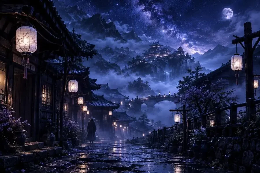 民俗怪谈夜话封面：雾中摇曳灯笼的老村巷