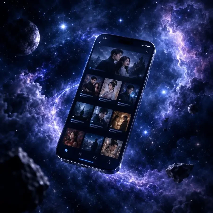 红果剧场 APP 在星云中悬浮的手机界面展示