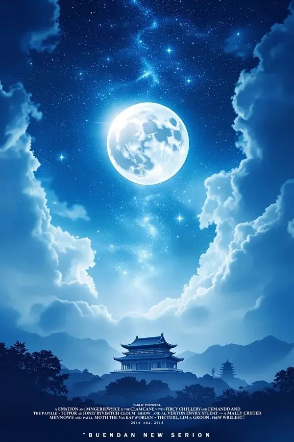 银月谜案短剧封面：银月下的老城屋顶与斗篷身影